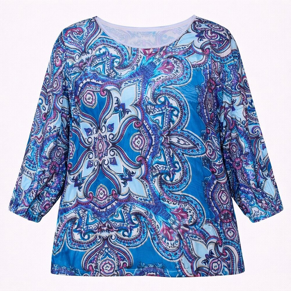 Chicos Teal Blue Paisley Medallion Knit Top 3/4‎ Sleeve Size 4 XXL Pullover